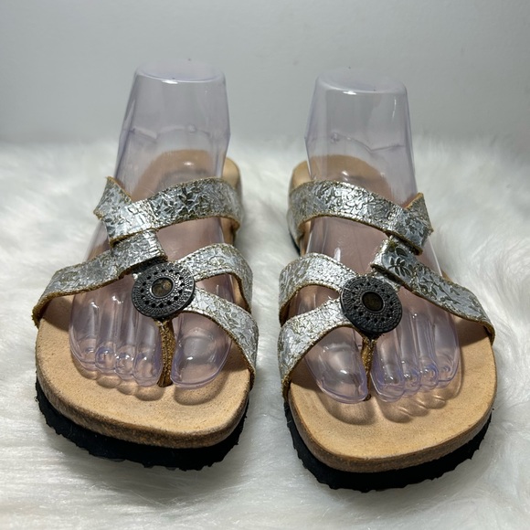 Think! Womens Gold Shimmer Leather Slide Wedge Casual Sandals Size 41 - Picture 4 of 8